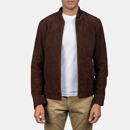 Dark Brown Suede Leather Bomber Jacket