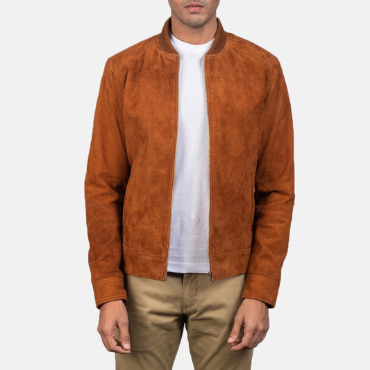 Light Brown(orange shade) Suede Leather Bomber Jacket