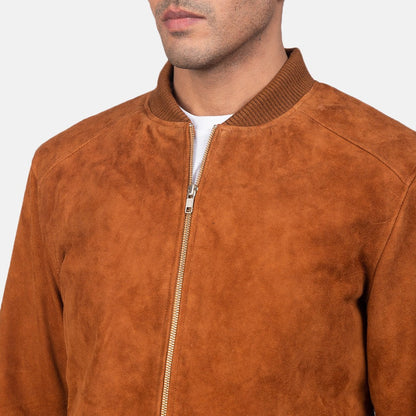 Light Brown(orange shade) Suede Leather Bomber Jacket