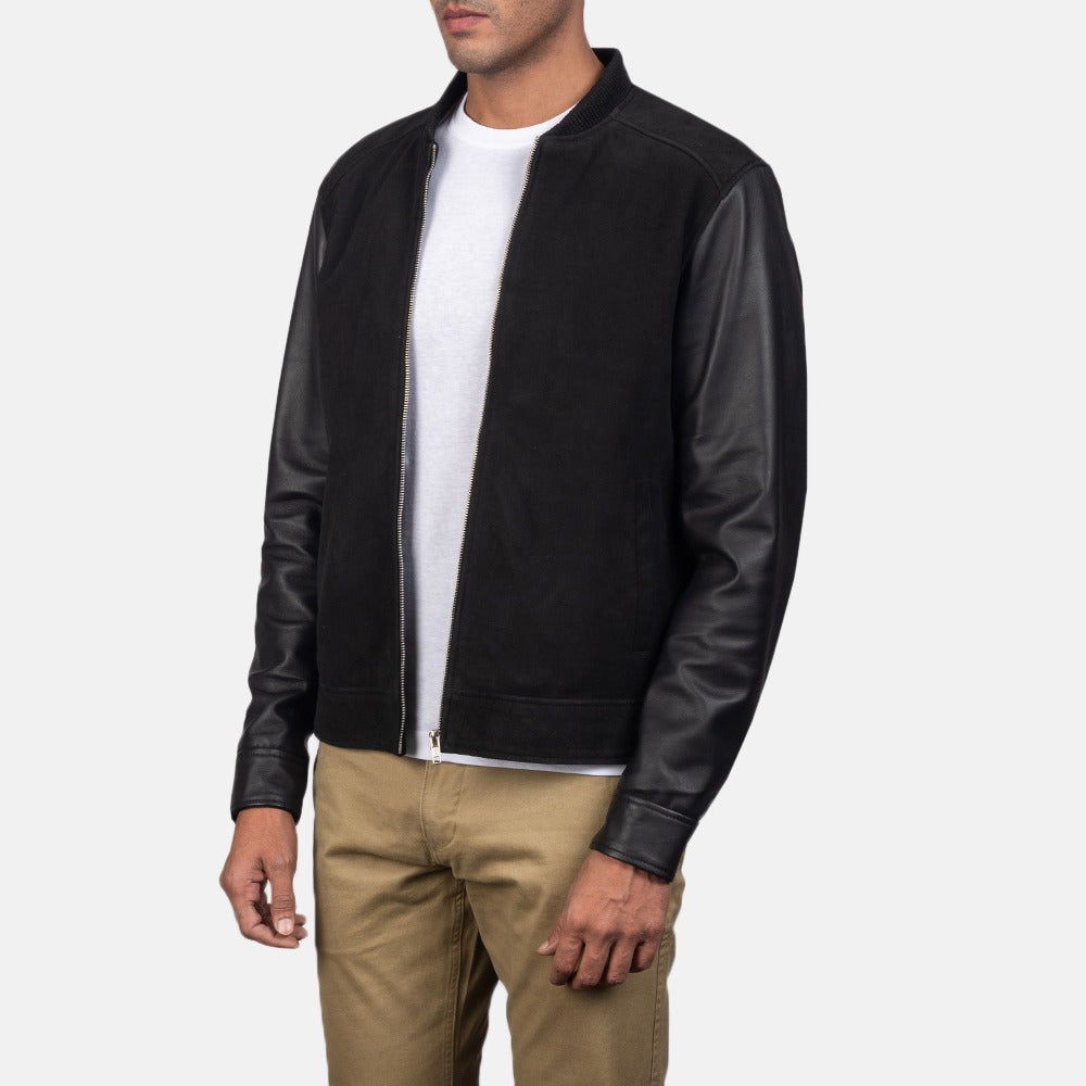 Black Suede Leather Bomber Jacket