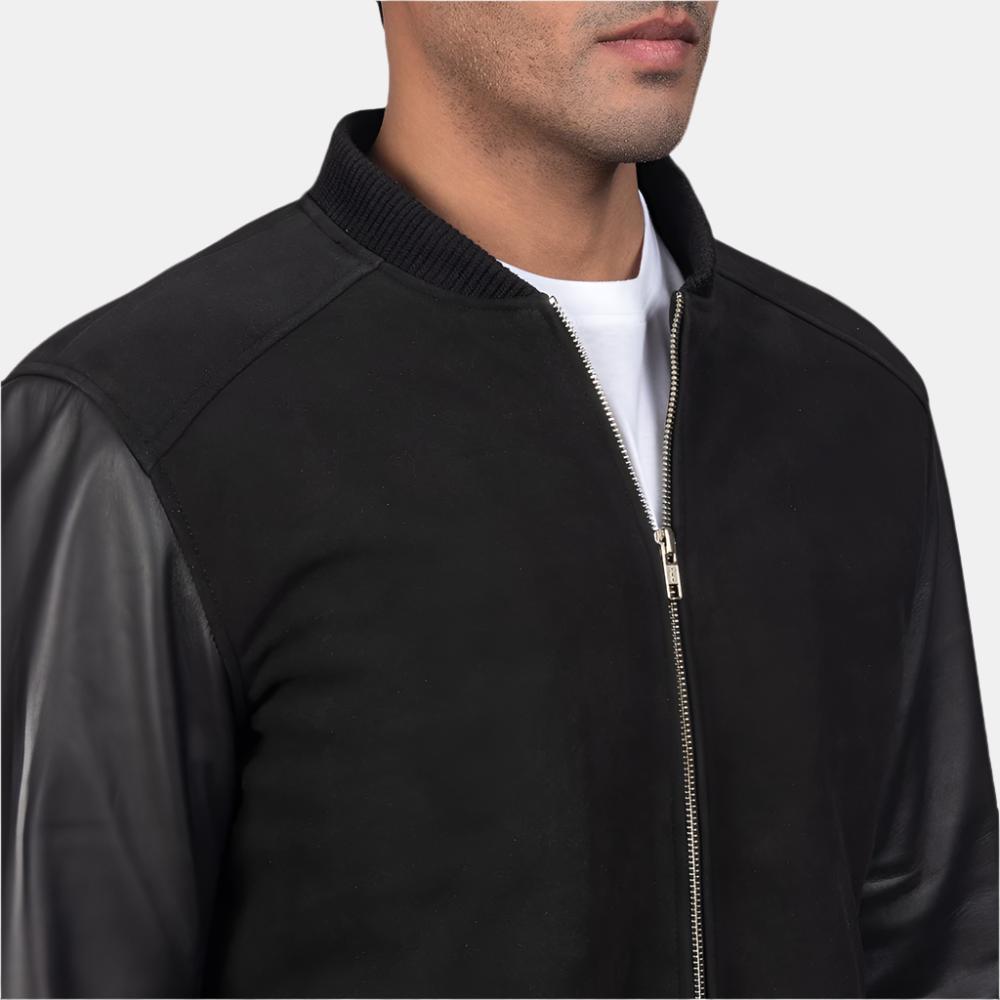 Black Suede Leather Bomber Jacket