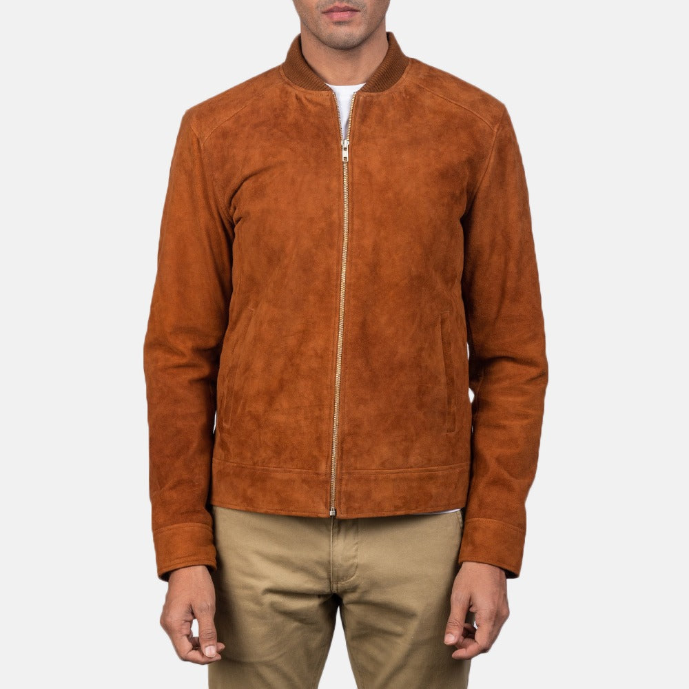 Light Brown(orange shade) Suede Leather Bomber Jacket